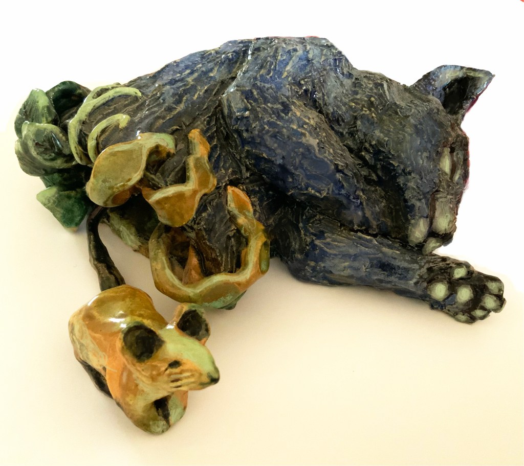 Sculpture tanière souris chat songe bleu